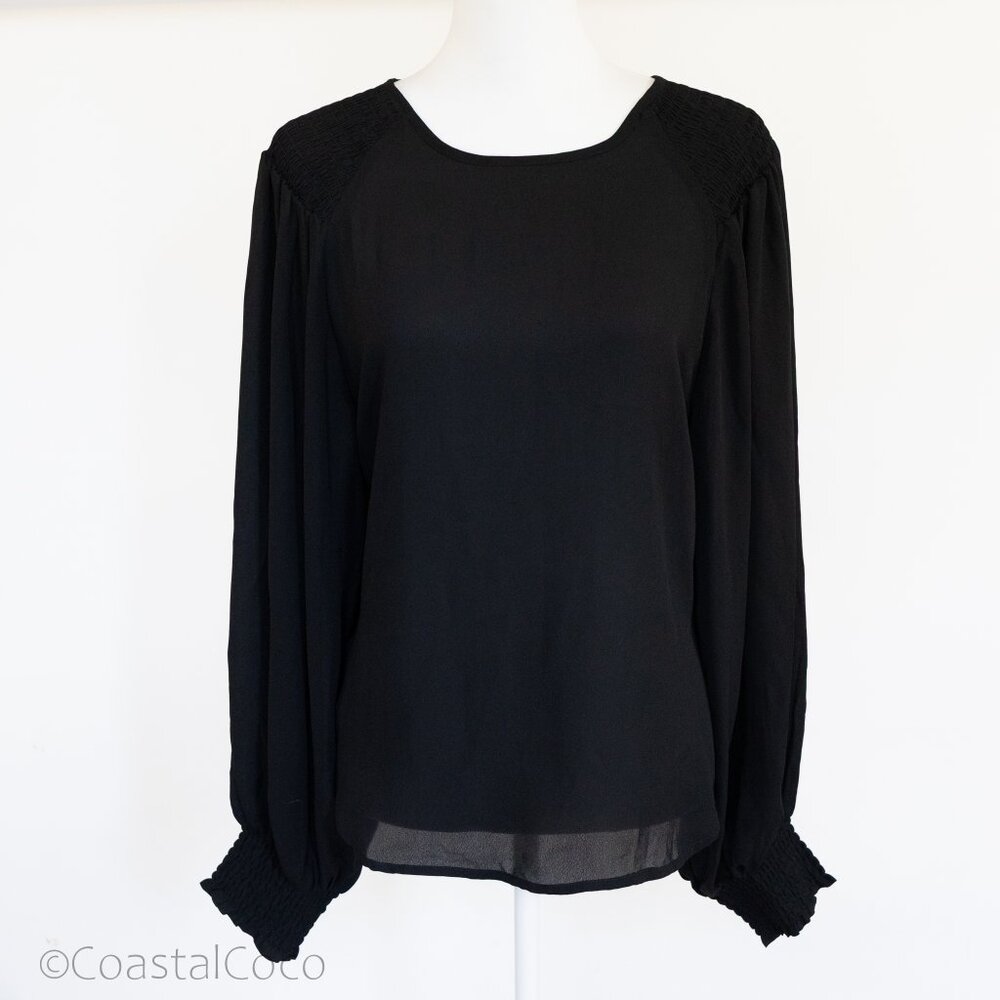 House Black Puff Sleeve Blouse Size L Smocked Shoulder Balloon Sleeve Minimalist
